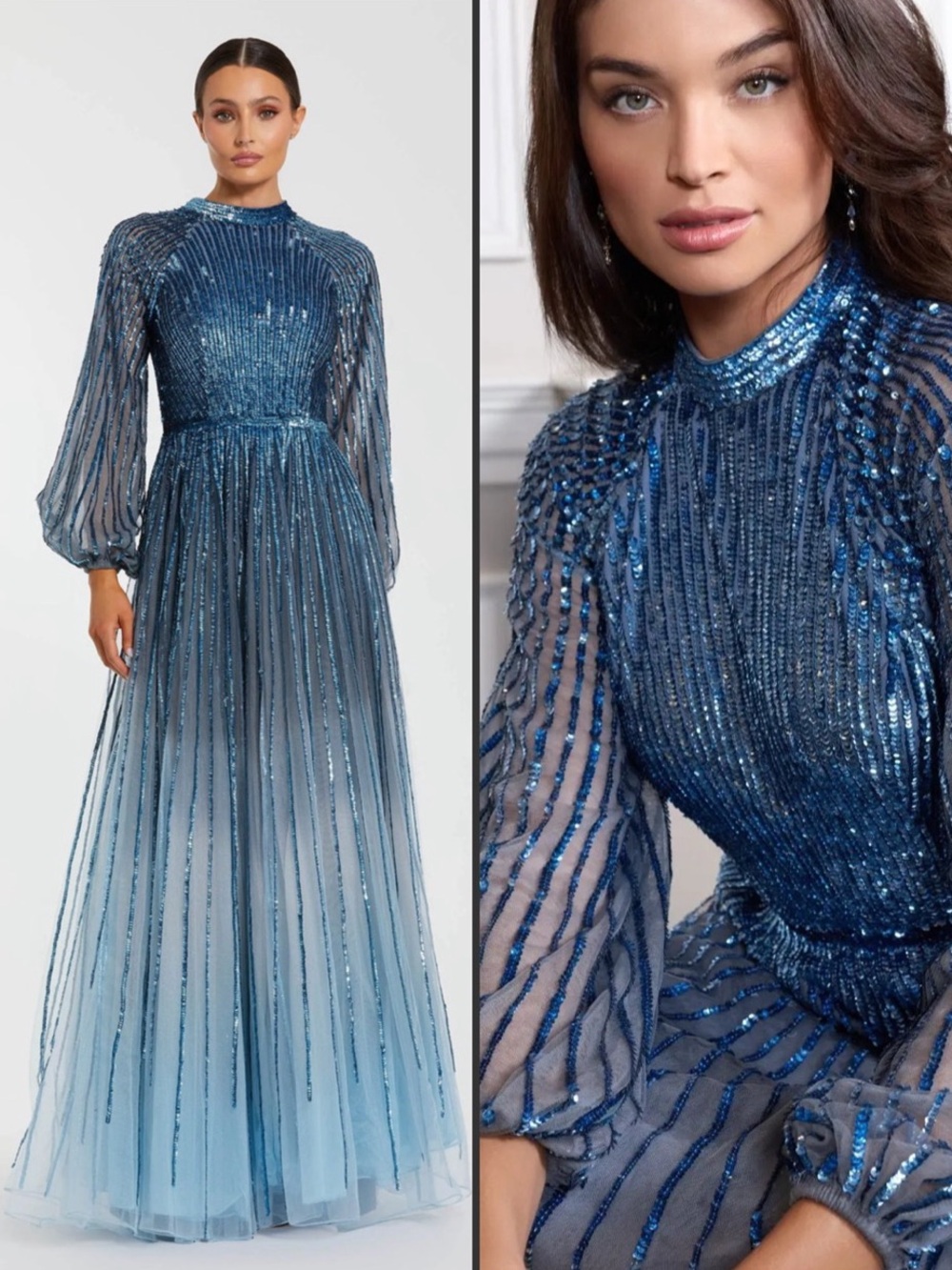 NWT Mac Duggal 6206 Blue Ombré Sequin Long Sleeve A-Line Evening Dress Size 8